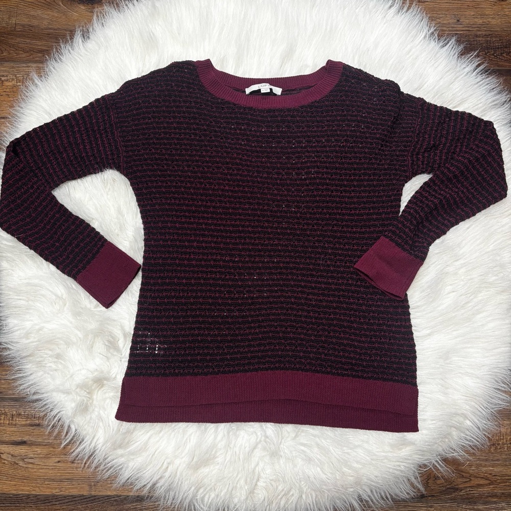 Ann Taylor Loft Black and Burgundy Knit Pull On Crewneck See-Through Sweater M - Picture 3 of 12
